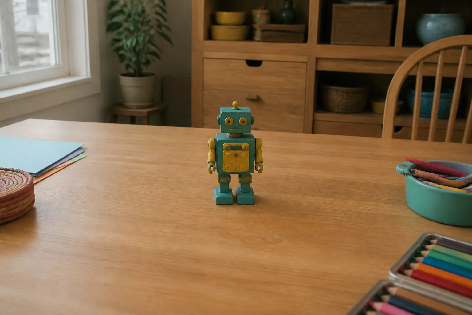 Photo 1: a teal and yellow wooden toy robot appears small on a table, with colorful craft items competing near the edges.