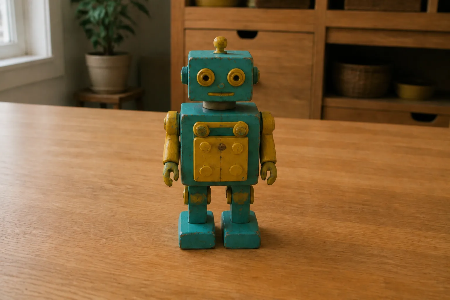 Photo 2: the same teal and yellow wooden toy robot fills more of the photo, with a simpler background and no craft items at the edges.